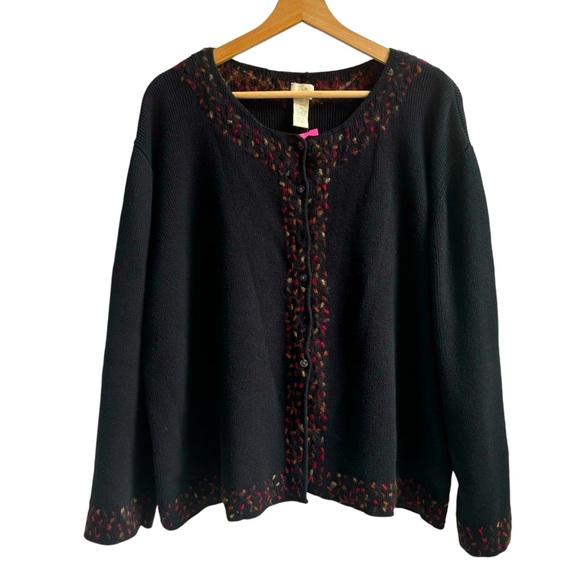 J. Jill Cotton Wool Floral Embroidered Cardigan Sweater Button Front Black Sz 2X - Picture 1 of 17